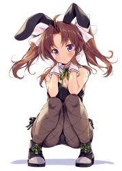 Rule 34 | 1girl, ahoge, alternate costume, animal ears, bare shoulders, black footwear, black leotard, black pantyhose, black ribbon, blue eyes, blush, bow, breasts, brown hair, cleavage, closed mouth, detached collar, fake animal ears, full body, gloves, green ribbon, hair bow, hands on own cheeks, hands on own face, kagerou (kancolle), kagerou kai ni (kancolle), kantai collection, leotard, long hair, looking at viewer, medium breasts, neck ribbon, odawara hakone, pantyhose, parted bangs, playboy bunny, rabbit ears, ribbon, shoes, side-tie leotard, sidelocks, simple background, solo, squatting, twintails, white background, white bow, white gloves