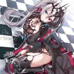 Rule 34 | 1girl, anniversary, armor, armored boots, black cape, black hair, black thighhighs, blue eyes, boots, breasts, cape, checkered floor, cleavage, collar, commentary, dated, dutch angle, english text, garter straps, gauntlets, glowing, grey hair, grin, hair between eyes, hands on floor, hattori masaki, heios (sennen sensou aigis), heterochromia, high heel boots, high heels, highres, knee pads, large breasts, long hair, looking at viewer, metal collar, multicolored hair, on floor, pauldrons, pelvic curtain, red cape, red eyes, sennen sensou aigis, shoulder armor, shrug (clothing), signature, sitting, skindentation, smile, solo, split-color hair, thighhighs, thighs, tiara, twintails, two-tone cape, very long hair, yokozuwari