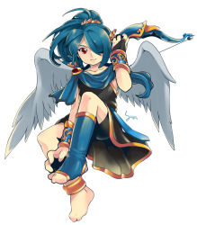 Rule 34 | 1boy, bad id, bad pixiv id, barefoot, blue hair, bracer, cosplay, feet, full body, inazuma eleven, inazuma eleven (series), kazemaru ichirouta, kid icarus, long hair, male focus, nintendo, peadrins, pit (cosplay), pit (kid icarus), ponytail, red eyes, simple background, smile, solo, trap, white background, wings