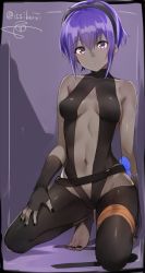 Rule 34 | 1girl, bare shoulders, black gloves, black legwear, breasts, dark-skinned female, dark skin, fate/prototype, fate/prototype: fragments of blue and silver, fate (series), fingerless gloves, full body, gloves, groin, hairband, hassan of serenity (fate), impossible clothes, isshiki (ffmania7), kneeling, lips, looking at viewer, medium breasts, navel, purple eyes, purple hair, short hair, solo, toes