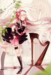 Rule 34 | 1girl, belt, braid, cangchen, choker, closed eyes, feathered wings, flower, hair flower, hair ornament, ia (vocaloid), instrument, long hair, off shoulder, pink hair, rose, skirt, solo, thigh strap, twin braids, very long hair, vocaloid, wings