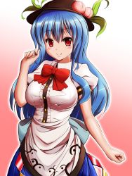 Rule 34 | 1girl, blue hair, blush, bow, breasts, dress, female focus, food, fruit, hat, highres, hinanawi tenshi, honda takaharu, large breasts, long hair, looking at viewer, peach, red eyes, smile, solo, touhou