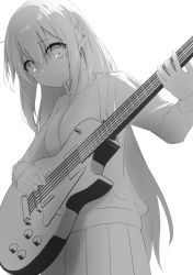 Rule 34 | 1girl, :o, alternate breast size, blush, bocchi the rock!, breasts, electric guitar, gotoh hitori, greyscale, guitar, hair between eyes, highres, hijouguti, holding, holding instrument, holding plectrum, instrument, jacket, long hair, looking at viewer, monochrome, parted lips, pleated skirt, plectrum, simple background, skirt, small breasts, solo, sweat, track jacket, very long hair, white background