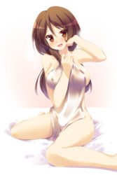 Rule 34 | 1girl, :d, bed, blush, breasts, brown eyes, brown hair, covered erect nipples, covering privates, extra, female focus, highres, hoppege, k-on!, large breasts, long hair, naked towel, nude cover, open mouth, simple background, sitting, smile, solo, sweat, tachibana himeko, towel, wariza, wet