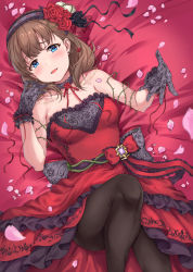 Rule 34 | 1girl, bare shoulders, black gloves, black pantyhose, blue eyes, blush, bow, brown hair, choker, collarbone, dress, earrings, flower, gloves, hair flower, hair ornament, hairband, highres, idolmaster, idolmaster cinderella girls, idolmaster cinderella girls starlight stage, jewelry, long hair, looking at viewer, love destiny, lying, on back, pantyhose, parted lips, petals, red dress, ribbon, rose, sakuma mayu, sirurabbit, smile, solo