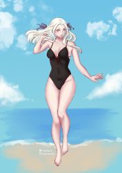 Rule 34 | 1girl, breasts, edelgard von hresvelg, fire emblem, fire emblem: three houses, full body, highres, long hair, looking at viewer, medium breasts, nintendo, parted lips, purple eyes, smile, solo, standing, swimsuit, white hair