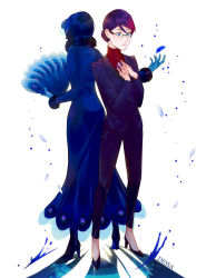 Rule 34 | 2girls, artist name, back-to-back, bangs pinned back, bird, black hair, blazer, blue dress, blue eyes, blue feathers, blue hair, blue skin, bob cut, brooch, colored skin, costume, dark blue hair, dessa-nya, dress, dual persona, evening gown, facing away, feather fan, feathers, formal, fur collar, fur cuffs, fur trim, glasses, gown, hair bun, hand fan, hand on own chest, hands on own chest, high heels, jacket, jewelry, long dress, long sleeves, mayura (miraculous ladybug), miraculous ladybug, multicolored hair, multiple girls, nathalie sancoeur, office lady, outstretched arm, outstretched hand, pantyhose, peacock feathers, pin, pumps, purple hair, red hair, red sweater, reflection, shadow, streaked hair, suit, suit jacket, superhero costume, sweater, turtleneck, two-tone hair, villian, white background