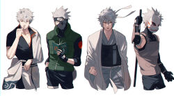 Rule 34 | 2boys, asymmetrical sleeves, black gloves, black shirt, book, clenched hand, closed eyes, closed mouth, collarbone, crossover, fingerless gloves, fox mask, gintama, gloves, green vest, hair between eyes, hatake kakashi, headband, highres, holding, holding book, holding staff, japanese clothes, mask, mirin (coene65), multiple boys, naruto, naruto (series), nose picking, one eye covered, pectoral cleavage, pectorals, sakata gintoki, shirt, simple background, staff, vest, white background, white headband