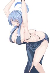 Rule 34 | 1girl, absurdres, ako (blue archive), ako (dress) (blue archive), armpit crease, arms up, bare shoulders, blue archive, blue dress, blue eyes, blue hair, blue halo, blush, breasts, dress, hair between eyes, halo, highres, large breasts, looking at viewer, official alternate costume, sideboob, simple background, sleeveless, sleeveless dress, solo, thighs, vanko (vank0a), white background