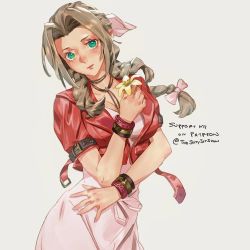 Rule 34 | 1girl, aerith gainsborough, braid, braided ponytail, breasts, brown hair, choker, cleavage, cropped jacket, dress, final fantasy, final fantasy vii, final fantasy vii remake, flower, green eyes, hair ribbon, holding, holding flower, jacket, jet kimchrea, long hair, looking at viewer, medium breasts, parted bangs, pink dress, pink ribbon, red jacket, ribbon, short sleeves, sidelocks, simple background, solo, square enix, upper body, white background, yellow flower