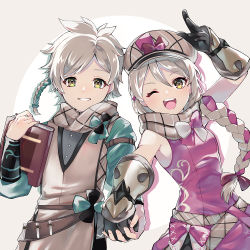 Rule 34 | 1boy, 1girl, ;d, arm up, armpit peek, black gloves, book, bow, braid, brother and sister, buttons, clanne (fire emblem), dress, fire emblem, fire emblem engage, framme (fire emblem), gauntlets, gloves, green bow, grey background, grey hair, grin, hat, hat bow, holding, holding book, holding hands, long hair, long sleeves, looking at viewer, medium hair, nintendo, one eye closed, open mouth, pink bow, scarf, shirt, siblings, simple background, single braid, sleeveless, sleeveless dress, smile, teeth, twins, yomo (yomooo1313)