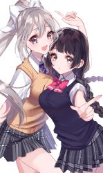 Rule 34 | 2girls, :d, :o, black hair, bow, bowtie, braid, collared shirt, commentary request, dress shirt, grey eyes, grey skirt, hair between eyes, hair bow, hair ornament, hairclip, high ponytail, highres, higuchi kaede, higuchi kaede (3rd costume), long hair, low twintails, misumi (macaroni), multiple girls, necktie, nijisanji, open mouth, parted lips, plaid, plaid necktie, plaid neckwear, plaid skirt, pleated skirt, ponytail, purple eyes, purple necktie, red bow, red bowtie, school uniform, shirt, short sleeves, silver hair, simple background, skirt, smile, sweater vest, tsukino mito, tsukino mito (3rd costume), twin braids, twintails, very long hair, virtual youtuber, white background, white bow, white shirt