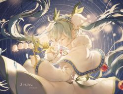 Rule 34 | 1girl, ^ ^, aqua hair, artist name, bad id, bad pixiv id, capelet, closed eyes, flower, forehead-to-forehead, fur collar, happy, hatsune miku, heads together, leaf, light particles, lily of the valley, long hair, open mouth, rabbit, smile, snowflake print, solo, spencer sais, twintails, very long hair, vocaloid, yuki miku, yukine (vocaloid)