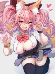 Rule 34 | 1girl, absurdres, animal ear fluff, animal ears, areola slip, artist logo, breasts, claw pose, cleavage, fang, fate/extra, fate (series), fox ears, fox girl, fox tail, heart, highres, large breasts, looking at viewer, open mouth, pink hair, shirt, simple background, smile, solo, tail, tamamo (fate), tamamo no mae (fate/extra), tamamo no mae (jk) (fate), thighs, twintails, twitter username, white shirt, wisespeak, yellow eyes