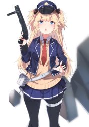 Rule 34 | 1girl, black pantyhose, black ribbon, blonde hair, blue hat, blue jacket, blue skirt, blush, collared shirt, commentary, girls&#039; frontline, gun, hair between eyes, hair ribbon, hat, highres, holding, holding gun, holding weapon, jacket, long hair, long sleeves, name connection, necktie, object namesake, open clothes, open jacket, pantyhose, parted lips, peaked cap, pleated skirt, police hat, red necktie, ribbon, serbu super-shorty, shield module, shirt, shotgun, simple background, skindentation, skirt, solo, star (symbol), super-shorty (girls&#039; frontline), sweater vest, teeth, two side up, unimon e, upper teeth only, very long hair, weapon, white background, white shirt