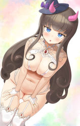 Rule 34 | 1girl, :o, bikini, blue eyes, blunt bangs, blush, bow, breasts, brown hair, cleavage, commission, frown, garter belt, garter straps, gem, hair ornament, hat, highres, horns, large breasts, long hair, looking at viewer, micro bikini, navel, open mouth, original, plump, purple bow, purple hat, red gemstone, sidelocks, solo, stomach, swimsuit, thighhighs, twin (tt lsh), very long hair, wavy hair, white bikini, white thighhighs