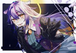 Rule 34 | 1girl, 277534776, animal ears, black gloves, blue bow, bow, cow ears, cow tail, eye symbol, gloves, halo, highres, long hair, looking at viewer, orange eyes, purple hair, scp-6777, scp foundation, skirt, solo, tail, yellow halo