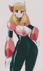 Rule 34 | 1girl, alia (mega man), blonde hair, blue eyes, bodysuit, breasts, curvy, expressionless, hand on own hip, large breasts, legs, looking at viewer, medium hair, mega man (series), mega man x (series), solo, thighs, traditional media