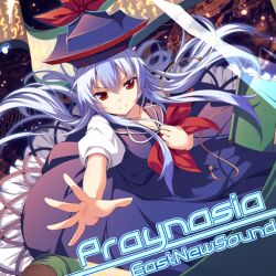 Rule 34 | 1girl, album cover, bad source, blue dress, blue hair, blue hat, closed mouth, collared dress, cover, dress, english text, frilled dress, frills, hand on own chest, hat, kamishirasawa keine, long hair, looking at viewer, neckerchief, non-web source, official art, outstretched arm, puffy short sleeves, puffy sleeves, reaching, reaching towards viewer, red eyes, red neckerchief, scroll, shirt, short sleeves, smile, source request, touhou, touhou cannonball, ugume, v-shaped eyebrows, white shirt