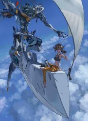 Rule 34 | 1girl, binoculars, blue background, cloud, commentary request, copyright request, day, highres, iconic field, mecha, messy hair, orange pants, pants, radio, robot, sail, sitting, solo, string of flags, yamashita ikuto