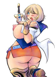 Rule 34 | 00s, 1girl, ashelia b&#039;nargin dalmasca, ass, blonde hair, blue eyes, blush, breasts, embarrassed, final fantasy, final fantasy xii, huge ass, huge breasts, large breasts, nipples, one eye closed, open mouth, plump, ps20, puffy nipples, skirt, solo, sword, thighhighs, topless, weapon, wink