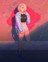 Rule 34 | 1girl, audi (tsuaii), bandaid, bandaid on knee, bandaid on leg, blonde hair, blue eyes, borrowed character, breasts, casual, commentary, crop top, dusk, english commentary, full body, graffiti, hair ornament, hair over one eye, hairclip, jacket, koyorin, looking at viewer, medium breasts, midriff, nail polish, open clothes, open jacket, original, shadow, shoes, short hair, shorts, sneakers, solo, standing, suspenders hanging