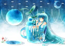 Rule 34 | 1girl, asaka yumetsuki, barefoot, blue hair, blue theme, blush, bubble, cup, dress, english text, highres, in container, in cup, knees up, long hair, one eye closed, original, plant, puddle, purple eyes, sitting, sleeveless, sleeveless dress, solo, sprout on head, typo, very long hair