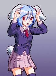 Rule 34 | 1girl, animal ears, blue hair, buttoned cuffs, buttons, collared shirt, crescent, crescent pin, floppy ears, furrowed brow, gradient background, hair between eyes, hands up, highres, jacket, legs apart, light blue hair, long sleeves, looking at viewer, miniskirt, necktie, open mouth, pleated skirt, pocket, purple jacket, purple skirt, purple thighhighs, rabbit ears, rabbit girl, rabbit pose, rabbit tail, red eyes, red necktie, red pupils, reisen (touhou bougetsushou), shirt, short hair, skirt, solo, standing, tail, teeth, thighhighs, touhou, upper teeth only, white shirt, white tail, zawabug