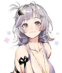 Rule 34 | 1girl, ahoge, armlet, azur lane, bare shoulders, blush, breasts, cleavage, closed mouth, collarbone, douya (233), fangs, fish hair ornament, gold necklace, hair ornament, jewelry, large breasts, looking at viewer, medium hair, messy hair, necklace, ribbon, seattle (azur lane), seattle (gorgeous party) (azur lane), silver hair, skin fangs