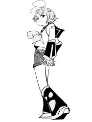 Rule 34 | 1girl, bare shoulders, black eyes, black sailor collar, bow, detached sleeves, flat chest, from below, full body, greyscale, hair bow, hair ornament, hairclip, headphones, headset, highres, kagamine rin, leg warmers, looking at viewer, looking back, midriff, monochrome, navel, neckerchief, nippori honsha, sailor collar, shirt, short hair, shorts, sideways glance, sleeveless, sleeveless shirt, smile, solo, vocaloid, white bow