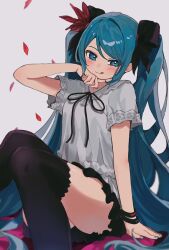 Rule 34 | 1girl, aqua hair, aqua nails, black ribbon, black skirt, black thighhighs, blue eyes, blush, bracelet, commentary, falling petals, feather hair ornament, feathers, hair ornament, hair ribbon, hand up, hatsune miku, highres, jewelry, long hair, looking at viewer, neck ribbon, petals, red feathers, ribbon, shirt, short sleeves, simple background, sitting, skirt, smile, solo, supreme (module), swept bangs, thighhighs, tongue, tongue out, twintails, uminokaisen, very long hair, vocaloid, white shirt, world is mine (vocaloid)