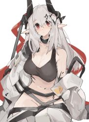Rule 34 | 1girl, arknights, black tank top, blush, breasts, cleavage, closed mouth, coat, covered erect nipples, cowboy shot, demon horns, detached collar, earrings, female pubic hair, hair between eyes, highres, horns, infection monitor (arknights), jewelry, large breasts, long hair, looking at viewer, material growth, midriff, mikozin, mudrock (arknights), mudrock (elite ii) (arknights), navel, no panties, off shoulder, open clothes, open coat, oripathy lesion (arknights), pants, partially undressed, pointy ears, pubic hair, pubic hair peek, red eyes, silver hair, simple background, solo, sweat, tank top, wet, wet clothes, white background, white coat, white pants