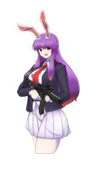 Rule 34 | 1girl, :d, animal ears, blazer, breasts, carrot, gun, highres, holding, holding weapon, jacket, long hair, long sleeves, looking at viewer, necktie, open mouth, pleated skirt, potatotiger1, purple hair, rabbit ears, red eyes, red necktie, reisen udongein inaba, rifle, skirt, smile, solo, touhou, trigger discipline, weapon