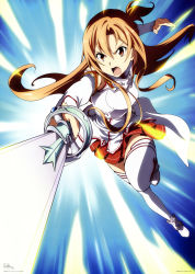 Rule 34 | 10s, 1girl, absurdres, armor, asuna (sao), breastplate, brown eyes, brown hair, detached sleeves, highres, holding, holding sword, holding weapon, huge filesize, kawakami tetsuya, long hair, open mouth, pleated skirt, red skirt, skirt, solo, sword, sword art online, thighhighs, thighs, weapon, white armor, white thighhighs