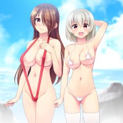 Rule 34 | 2girls, :3, :d, arm behind back, arm up, armpits, bad id, bad twitter id, bare arms, bare shoulders, bikini, blue sky, blush, breasts, brown hair, closed mouth, cloud, cloudy sky, commentary request, contrapposto, covered erect nipples, cowboy shot, day, eyes visible through hair, fingernails, gluteal fold, hand on own chest, highres, large breasts, legs together, long hair, looking at viewer, micro bikini, multiple girls, navel, one-piece swimsuit, open mouth, original, outdoors, purple eyes, red one-piece swimsuit, red slingshot swimsuit, short hair, silver hair, skindentation, sky, slingshot swimsuit, smile, standing, swimsuit, thighhighs, totokichi, v-shaped eyebrows, white bikini, white legwear