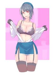 Rule 34 | 10s, 1girl, beret, black bra, black gloves, black hair, black thighhighs, bra, breasts, cleavage, cowboy shot, garter straps, gloves, hat, kantai collection, large breasts, open clothes, open shirt, pink background, red eyes, shirt, short hair, side slit, simple background, skindentation, skirt, smile, solo, takao (kancolle), thighhighs, underwear, undressing, white background, white shirt, yuuji (and)