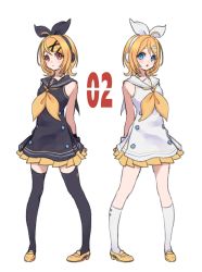 Rule 34 | 2girls, bare arms, bare shoulders, black dress, black ribbon, black sailor collar, black socks, blonde hair, blue eyes, blush, closed mouth, dress, dual persona, frilled dress, frills, hair ornament, hair ribbon, hairclip, headphones, kagamine rin, kneehighs, loafers, multiple girls, neckerchief, nuno (pppompon), orange neckerchief, parted lips, red eyes, ribbon, sailor collar, sailor dress, shoes, simple background, sleeveless, sleeveless dress, socks, thighhighs, treble clef, vocaloid, sour model (mikumikudance), white background, white dress, white legwear, white ribbon, white sailor collar, x hair ornament, yellow footwear