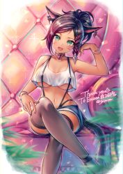 Rule 34 | 1girl, :d, animal ears, arm up, warrior of light (ff14), bangle, bare arms, bare shoulders, black hair, black thighhighs, blue shorts, bracelet, braid, breasts, brooch, cat ears, cat girl, cat tail, choker, collarbone, commission, crop top, crop top overhang, crossed legs, denim, denim shorts, earrings, facial mark, fang, final fantasy, final fantasy xiv, green eyes, hair ornament, head tilt, highleg, highres, jewelry, large breasts, long hair, looking at viewer, midriff, miqo&#039;te, mirukurim, navel, open mouth, parted bangs, ponytail, shirt, short shorts, shorts, sitting, sleeveless, sleeveless shirt, slit pupils, smile, solo, stomach, suspenders, tail, thighhighs, underboob, white shirt