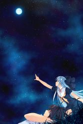 Rule 34 | 1girl, blue hair, bow, game cg, grass, hair bow, highres, mizumori minami, moon, night, night sky, pointing, sky, solo, soshite ashita no sekai yori, star (sky), star (symbol), starry sky, ueda ryou