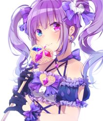 Rule 34 | 1girl, asagao minoru, black gloves, blue eyes, blush, bow, bra, breasts, clothing cutout, collarbone, diffraction spikes, earrings, frilled bra, frills, gloves, hair bow, heart, heart cutout, heart earrings, heterochromia, holding, holding staff, jewelry, long hair, looking at viewer, medium breasts, original, pink eyes, purple hair, purple ribbon, ribbon, shiny skin, simple background, smile, solo, sparkle, staff, twintails, underwear, underwear only, upper body, white background, wrist bow