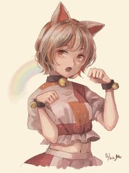 Rule 34 | 1girl, animal ears, bell, bracelet, breasts, brown eyes, cat ears, collar, cowboy shot, cropped torso, fang, goutokuji mike, grey background, jewelry, jingle bell, looking at viewer, m (neteitai10), medium breasts, midriff, multicolored hair, navel, open mouth, paw pose, rainbow, short hair, silver hair, simple background, solo, streaked hair, touhou