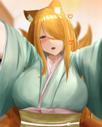 Rule 34 | animal ears, blonde hair, blush, breasts, fox ears, fox tail, hair over one eye, highres, huge breasts, incoming hug, japanese clothes, kimono, long hair, looking at viewer, open mouth, original, red eyes, tail, togutogu