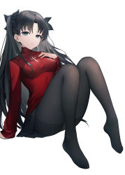 Rule 34 | 1girl, absurdres, black hair, black pantyhose, black ribbon, blue eyes, breasts, closed mouth, cross, er san si, expressionless, fate/stay night, fate (series), full body, hair ribbon, hand on own chest, highres, latin cross, long hair, long sleeves, looking at viewer, medium breasts, no shoes, pantyhose, print sweater, red sweater, ribbon, simple background, sitting, solo, sweater, tohsaka rin, two side up, white background