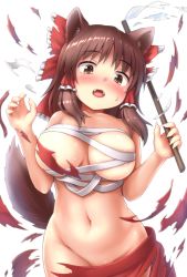 Rule 34 | 1girl, animal ears, bandages, bare arms, bare shoulders, blush, bow, breasts, brown eyes, brown hair, chest sarashi, commentary request, cowboy shot, fangs, fingernails, frilled bow, frills, gohei, groin, hair bow, hakurei reimu, hands up, head tilt, highres, holding, kemonomimi mode, large breasts, looking at viewer, navel, open mouth, red bow, red skirt, sarashi, sharp fingernails, shide, shiratsuki shiori, simple background, skirt, solo, stomach, sweat, torn clothes, torn skirt, touhou, undone sarashi, white background, wolf ears
