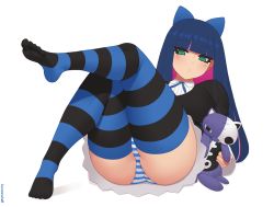 Rule 34 | 1girl, artist name, ass, black dress, blue hair, blunt bangs, bow, closed mouth, colored inner hair, commentary, crotch, dress, english commentary, feet, female focus, full body, gothic lolita, green eyes, hair bow, hair ornament, kuroonehalf, legs, lolita fashion, long hair, looking at viewer, lying, multicolored hair, no shoes, on back, panties, panty &amp; stocking with garterbelt, pink hair, simple background, skindentation, soles, solo, stocking (psg), striped clothes, striped panties, striped thighhighs, stuffed animal, stuffed cat, stuffed toy, thighhighs, thighs, toes, tsurime, two-tone hair, underwear, white background