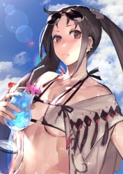 Rule 34 | 1girl, bare shoulders, bikini, blue sky, blush, breasts, brown eyes, brown hair, cleavage, closed mouth, cloud, collarbone, cup, drinking glass, earrings, eyewear on head, fate/grand order, fate (series), grey eyes, hair ornament, highres, holding, holding cup, jewelry, lens flare, long hair, looking at viewer, medium breasts, multiple earrings, open clothes, peperon (peperou), robe, sky, sunglasses, sweat, sweatdrop, swimsuit, twintails, very long hair, white bikini, yu mei-ren (fate), yu mei-ren (swimsuit lancer) (fate)