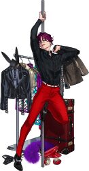 Rule 34 | 1boy, belt, charisma house, clothes hanger, coat rack, cuffs, dress shoes, feather boa, full body, hat, highres, jacket, leather, leather jacket, looking at viewer, male focus, mask, mojisan (ebimo), official art, pants, pole, pole dancing, police hat, rabbit mask, red pants, seductive smile, smile, solo, stripper pole, suitcase, tendou amahiko
