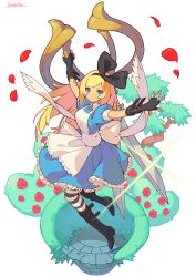 Rule 34 | 1girl, alice in wonderland, apron, arms up, black bow, black footwear, black gloves, blonde hair, blue dress, blue eyes, boots, bow, dress, fingerless gloves, flower, frilled dress, frills, glint, gloves, grass, hair bow, hairband, heart, highres, jumping, knee boots, kotatsu (g-rough), looking at viewer, oversized object, pantyhose, petals, puffy short sleeves, puffy sleeves, red flower, red rose, rose, scissors, short sleeves, signature, simple background, smile, solo, striped clothes, striped pantyhose, v-shaped eyebrows, white apron, white background