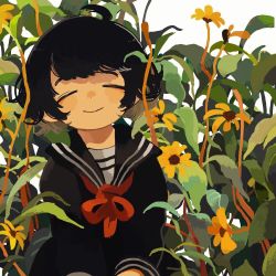 Rule 34 | 1girl, ahoge, black hair, black sailor collar, black serafuku, black shirt, brown hair, butudan butugu, closed eyes, closed mouth, commentary, dot nose, facing viewer, flower, highres, leaf, long sleeves, multicolored hair, neckerchief, original, plant, red neckerchief, sailor collar, school uniform, serafuku, shirt, short hair, sitting, smile, solo, symbol-only commentary, two-tone hair, upper body, white background, yellow flower