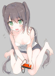 Rule 34 | 1girl, barefoot, blush, breasts, brown hair, cleavage, controller, game controller, green eyes, highres, nintendo switch, off shoulder, open mouth, original, sitting, solo, tank top, tears, twintails, wariza, yadapot